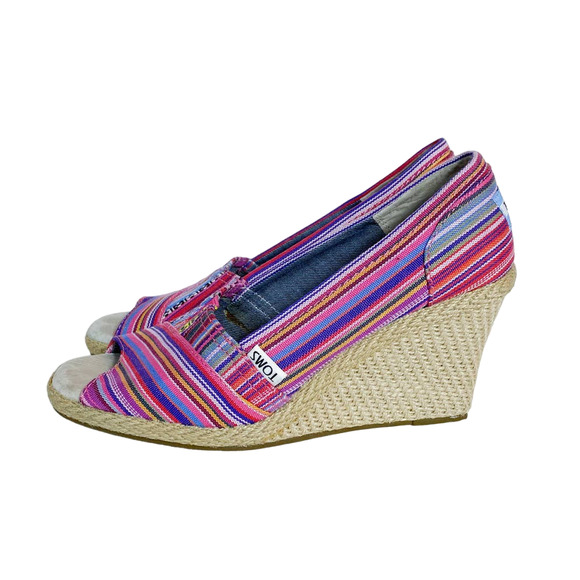 Toms Shoes - Toms Pink Stripe Peep Toe Espadrille Wedge